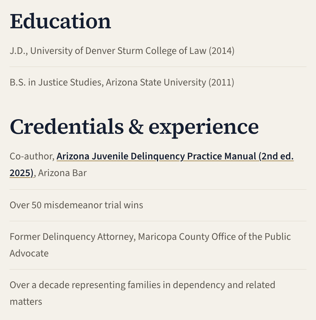 About page credentials, including co-author credit for the Arizona Juvenile Delinquency Practice Manual
