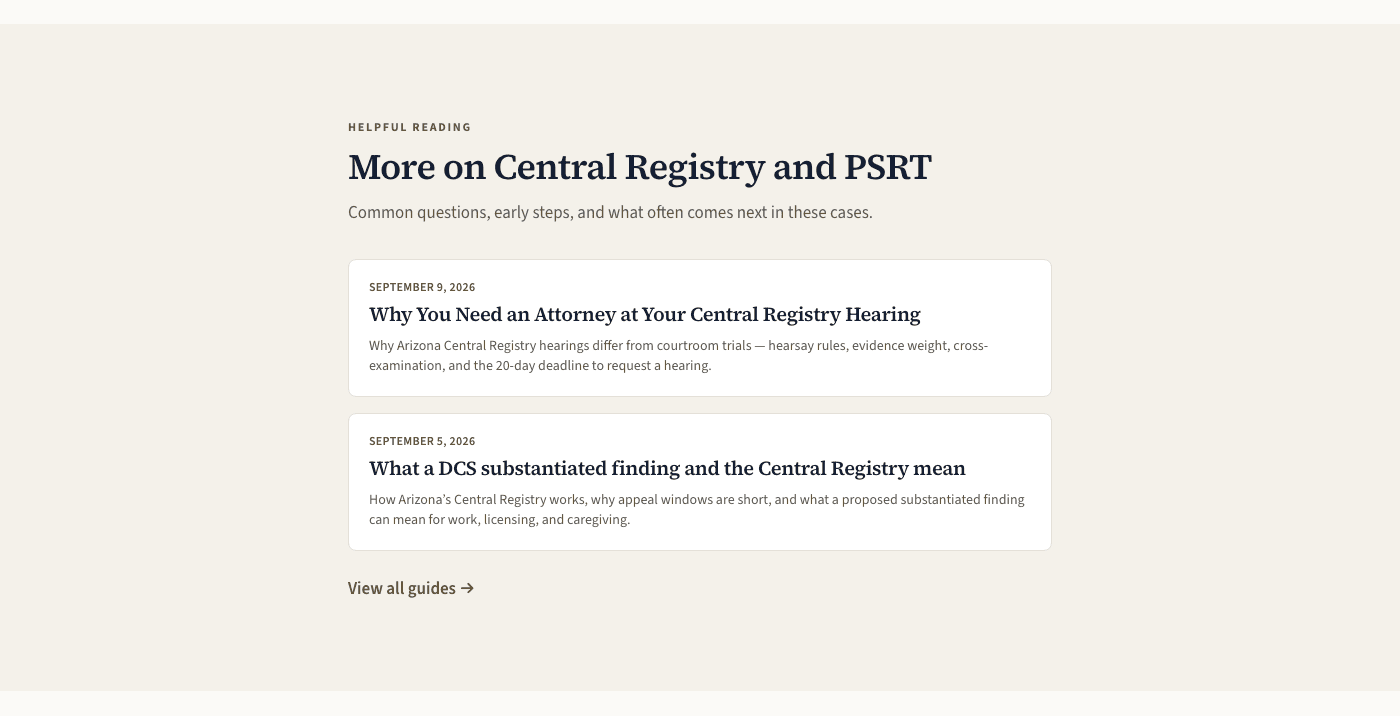Helpful reading on the Central Registry practice page, with two guides about DCS findings and hearings