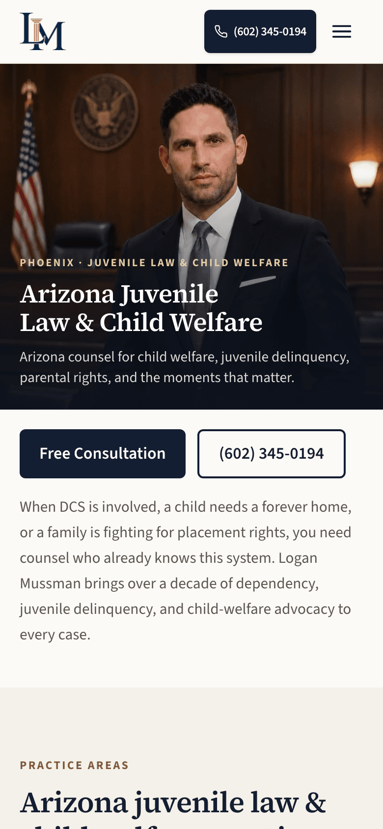 Logan Mussman Law homepage on a phone