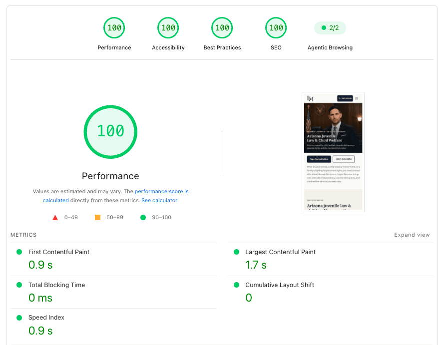 Google PageSpeed Insights showing 100 on performance, accessibility, best practices, and SEO for the Logan Mussman Law site on mobile