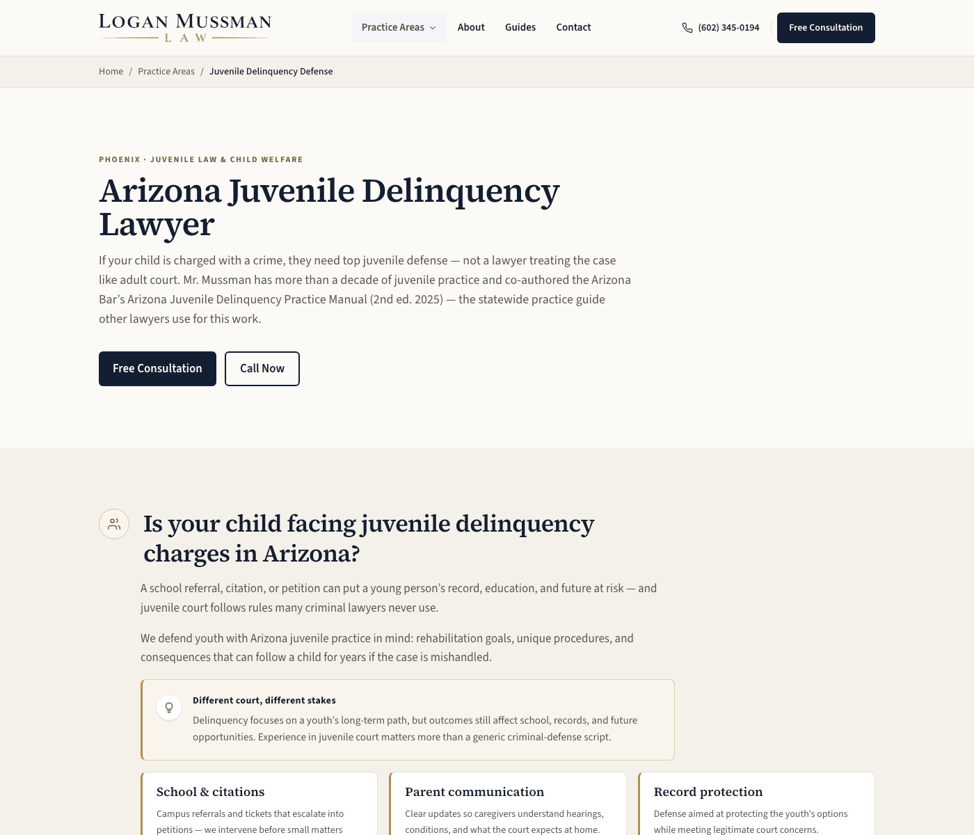 The Arizona juvenile delinquency lawyer page on the Logan Mussman Law site