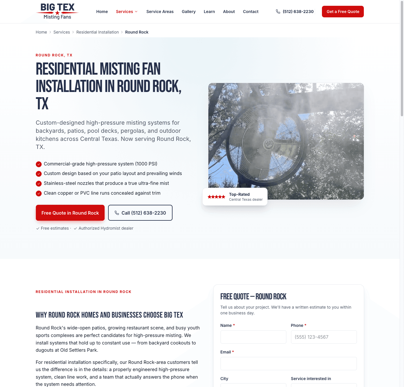The Round Rock residential misting installation landing page on the Big Tex site