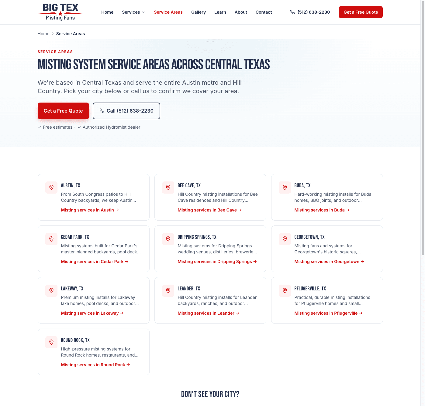 The Big Tex service areas page listing all ten Central Texas towns