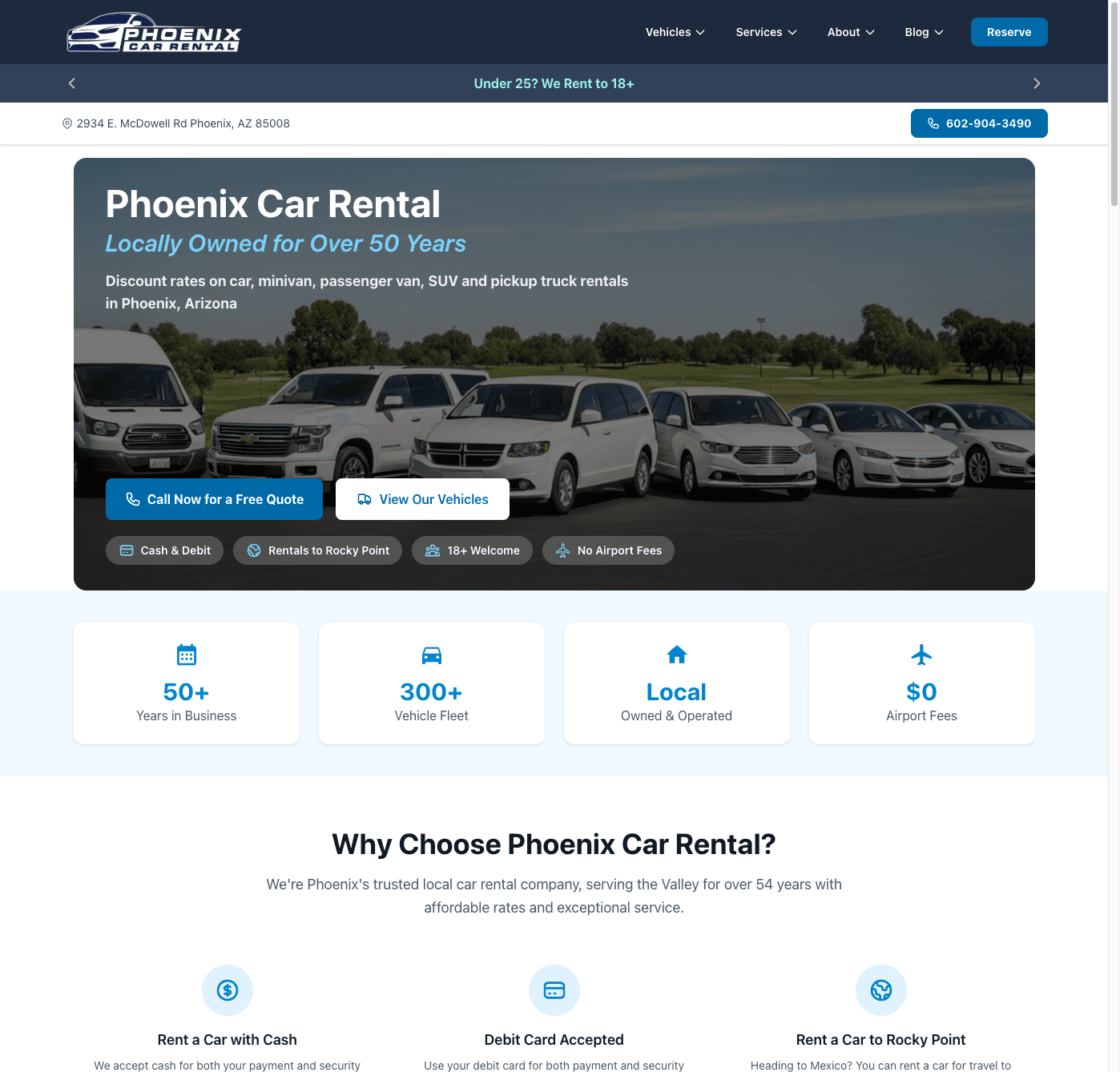 Phoenix Car Rental homepage — modern rebuild with a lineup of rental vehicles