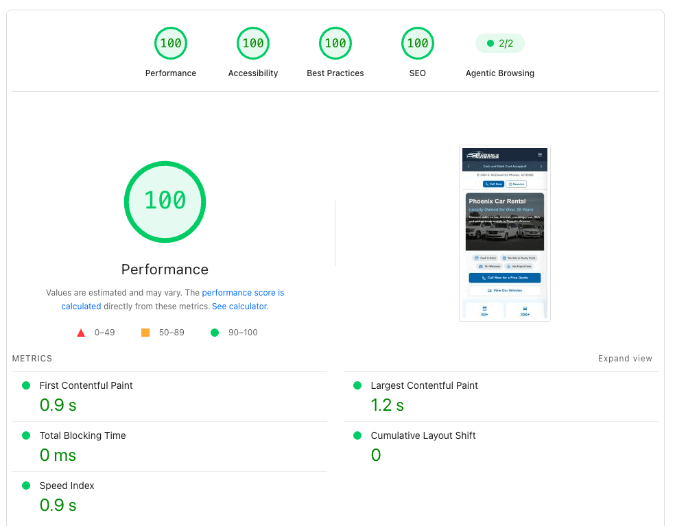 Google PageSpeed Insights showing 100 performance on mobile