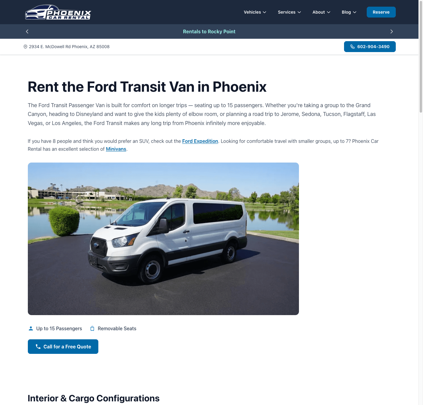 The Ford Transit rental page on the rebuilt Phoenix Car Rental site